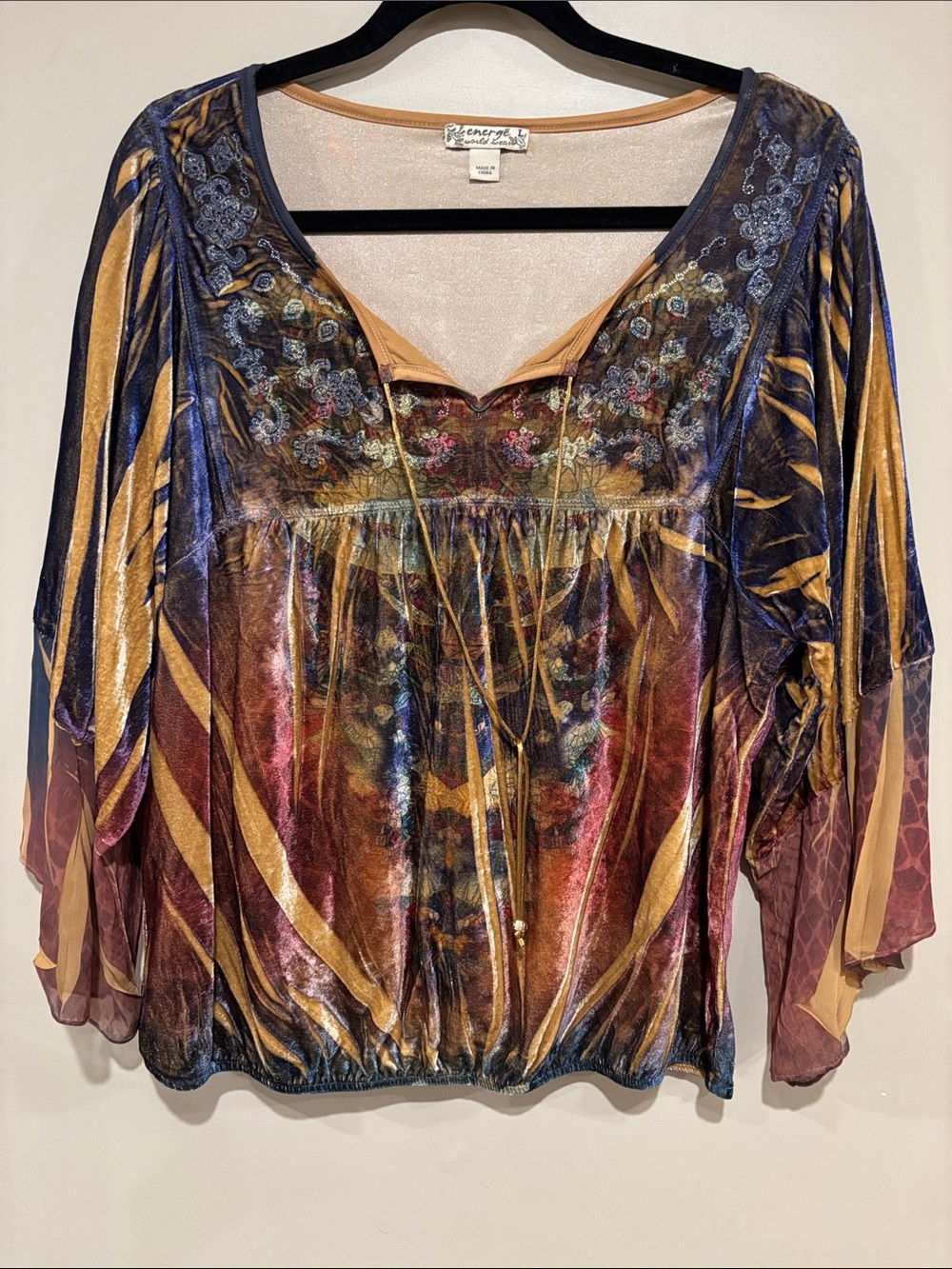 Velvet embroidered bell sleeve top